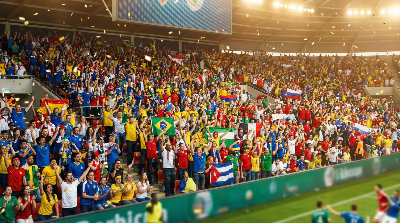 Aficionados de diferentes selecciones animando en la tribuna de un estadio durante un partido del Mundial