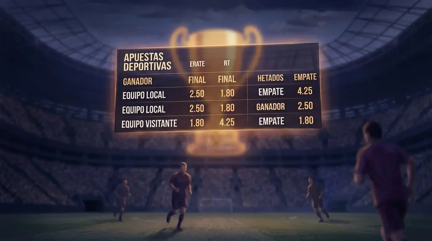 Póster editorial deportivo sin texto: un tablero de cuotas abstracto y luminoso sobre el fondo oscuro de un estadio, con cifras doradas desenfocadas y una silueta de trofeo insinuada, sin marcas ni texto legible