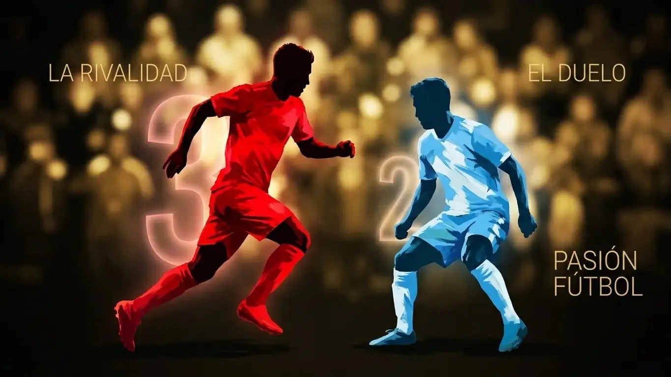 Póster editorial deportivo sin texto: dos siluetas de futbolistas enfrentadas, una en rojo con un gran número 11 tenue detrás y otra en celeste con un número 1 pequeño, sobre un fondo abstracto de cifras doradas de cuotas