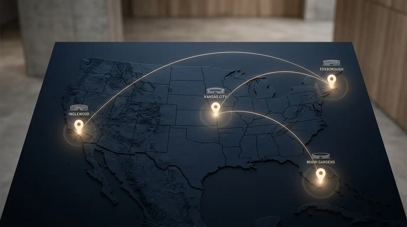 Balance del cuadro de cuartos con cuatro sedes destacadas: Foxborough, Los Ángeles, Miami y Kansas City, sobre un mapa estilizado de EE.UU.