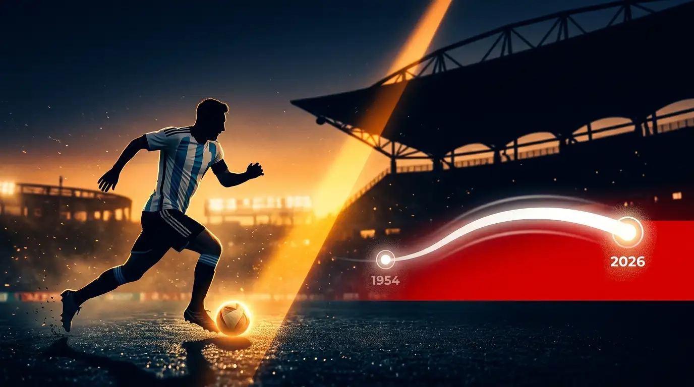 Póster editorial deportivo con dos siluetas enfrentadas: una silueta de delantero en franjas celeste-blanco (Argentina) con un balón a sus pies, y a la derecha una línea temporal arqueada con dos puntos brillantes (1954 y 2026) sobre una cruz suiza blanca en fondo rojo