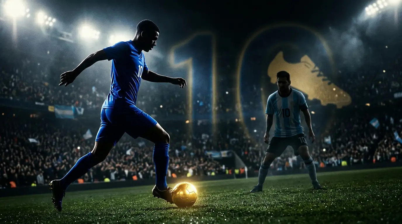 Póster editorial deportivo sin texto: dos siluetas de goleadores enfrentadas en diagonal, una azul de Francia con un balón brillando a sus pies y otra celeste de Argentina en segundo plano más apagada, sobre un fondo con el número 8 repetido en sombra