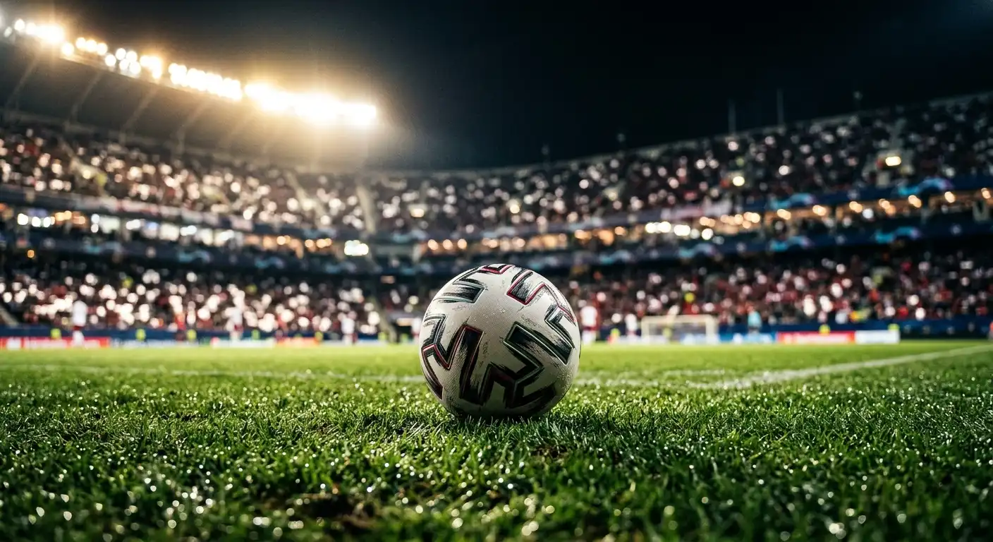 Balón de fútbol sobre el césped iluminado de un estadio del Mundial 2026