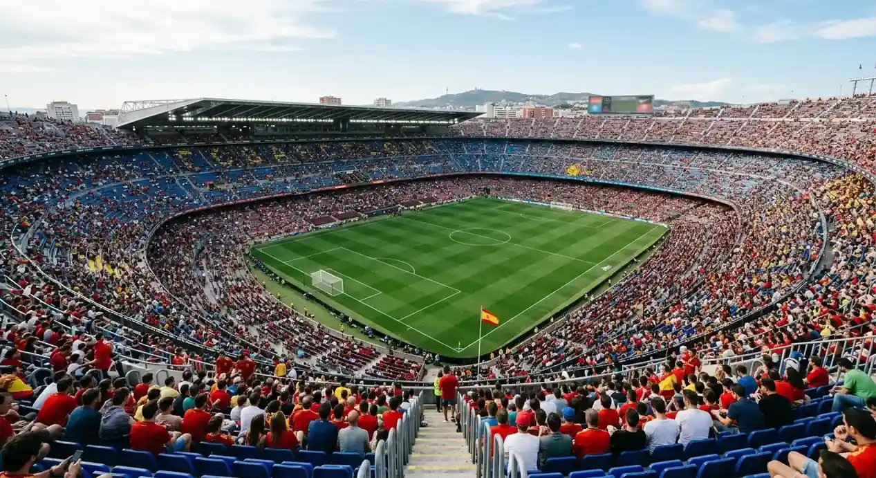 Estadio de fútbol moderno visto desde las gradas antes de un partido del Mundial 2026