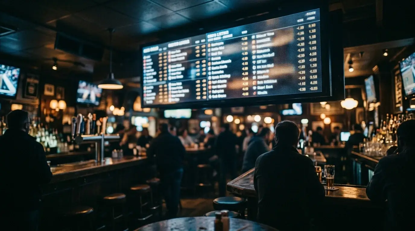 Pantalla de cuotas deportivas en un ambiente de bar iluminado tenuemente