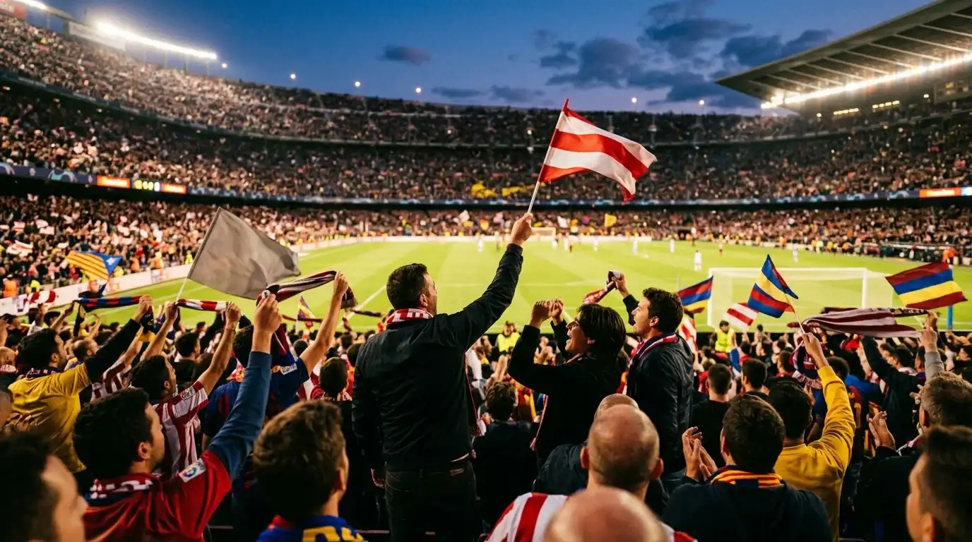 Aficionados con bufandas y banderas siguiendo el Mundial 2026 en un ambiente festivo
