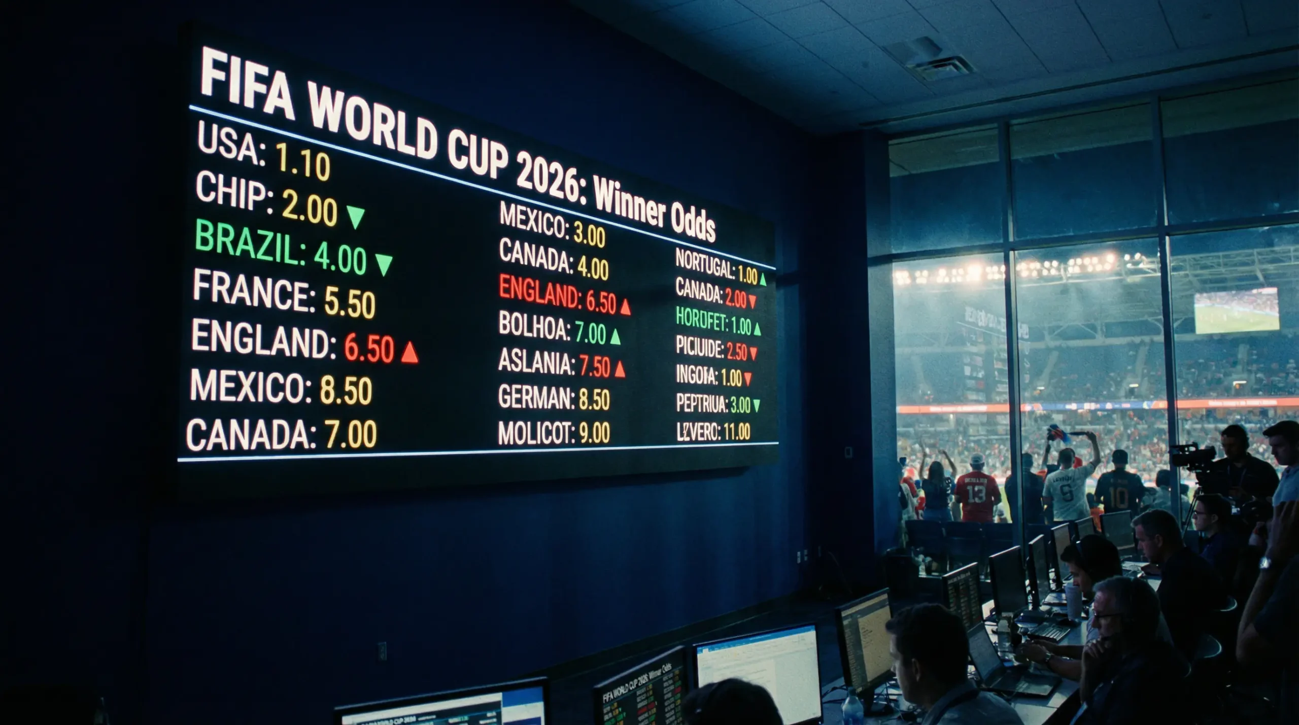 Panel de cuotas decimales iluminado con las selecciones favoritas del Mundial 2026