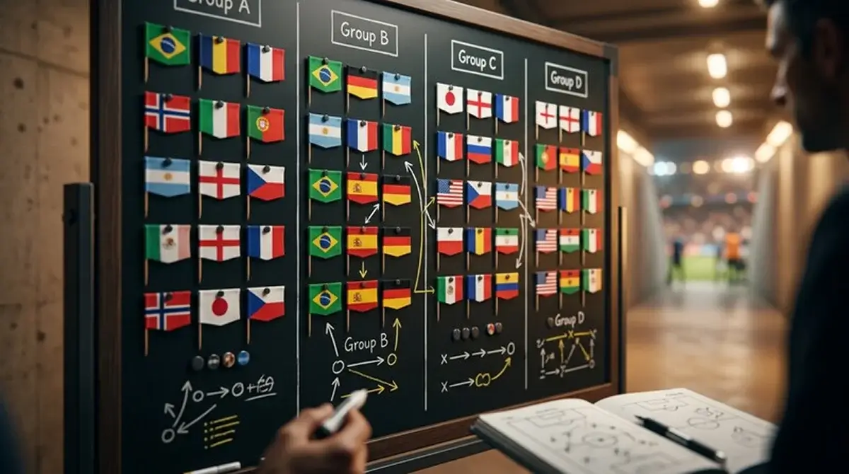 Tablero con banderas de las selecciones del Mundial 2026 representando los cruces de clasificación