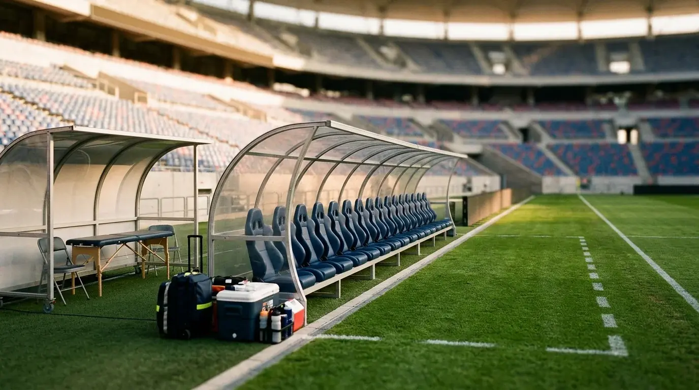 Banquillo de suplentes y cuerpo técnico junto al césped de un estadio del Mundial 2026