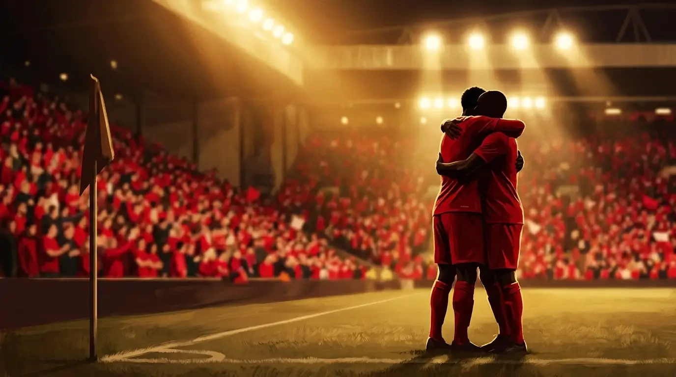 Póster editorial deportivo sin texto: dos futbolistas de rojo abrazándose en la esquina del campo, celebración contenida bajo focos de estadio, gradas rojas desenfocadas al fondo