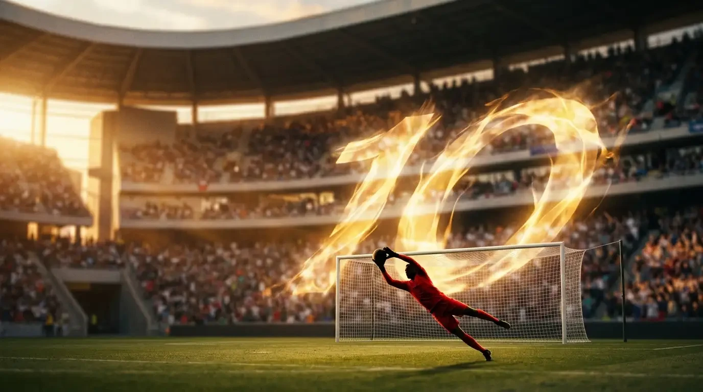 Póster editorial deportivo sin texto: el número 38 proyectado en grande y tenue sobre la grada de un estadio abierto, con una silueta de portero de rojo estirándose bajo el marco de la portería en primer plano, luz dorada de atardecer
