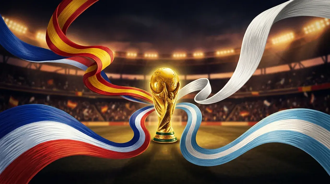 Póster editorial deportivo con cuatro banderas estilizadas —Francia, España, Inglaterra y Argentina— convergiendo hacia un trofeo dorado en el centro sobre un fondo oscuro con luces de estadio