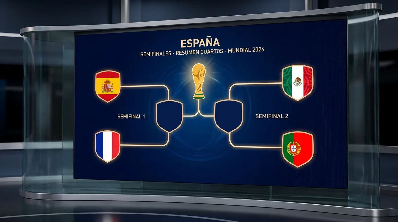 Cuadro de semifinales ilustrado con cuatro escudos estilizados enfrentados en dos llaves que convergen hacia el trofeo, diseño limpio tipo bracket editorial