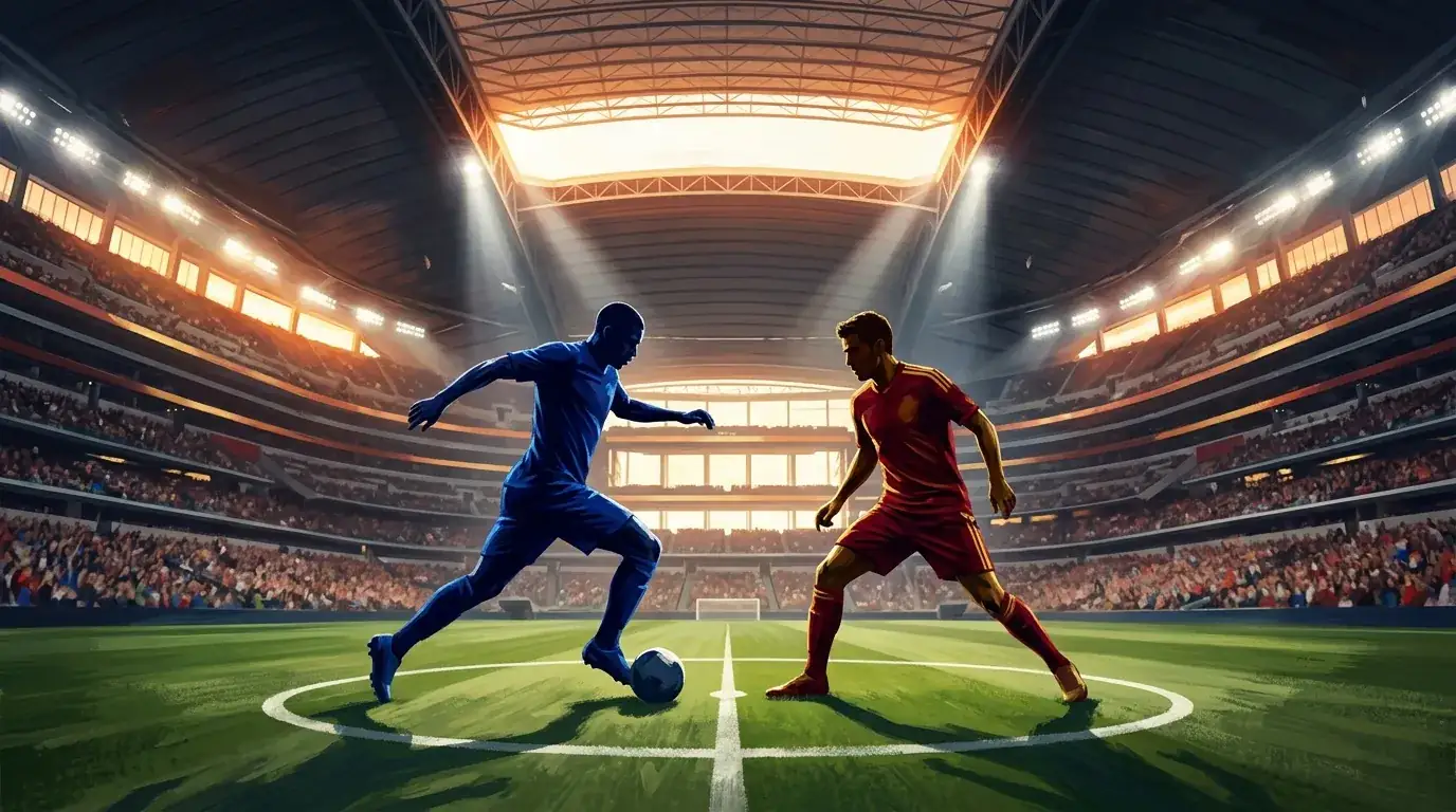 Póster editorial deportivo con la silueta de un jugador francés de azul y un jugador español de rojo enfrentados en el centro de un estadio con techo cerrado, luces cálidas de atardecer tejano al fondo