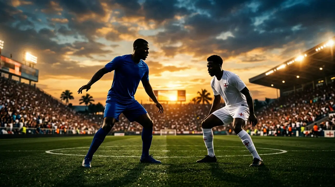 Póster editorial deportivo sin texto: dos siluetas de jugadores enfrentadas, una azul de Francia y otra blanca de Inglaterra, bajo el cielo abierto de un estadio de Miami al atardecer, con palmeras insinuadas y luz cálida y húmeda