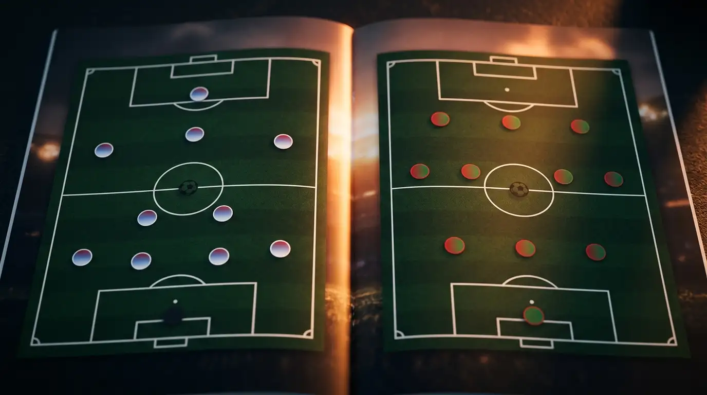 Diagrama táctico minimalista con dos formaciones enfrentadas (4-2-3-1 francés en tonos azul-blanco-rojo vs 3-4-3 marroquí en tonos rojo-verde) divididas por un rayo de luz vertical bajo iluminación cinematográfica
