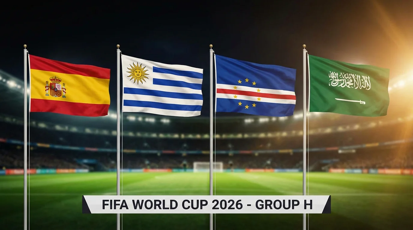 Banderas de Espana, Uruguay, Cabo Verde y Arabia Saudi representando el Grupo H del Mundial 2026