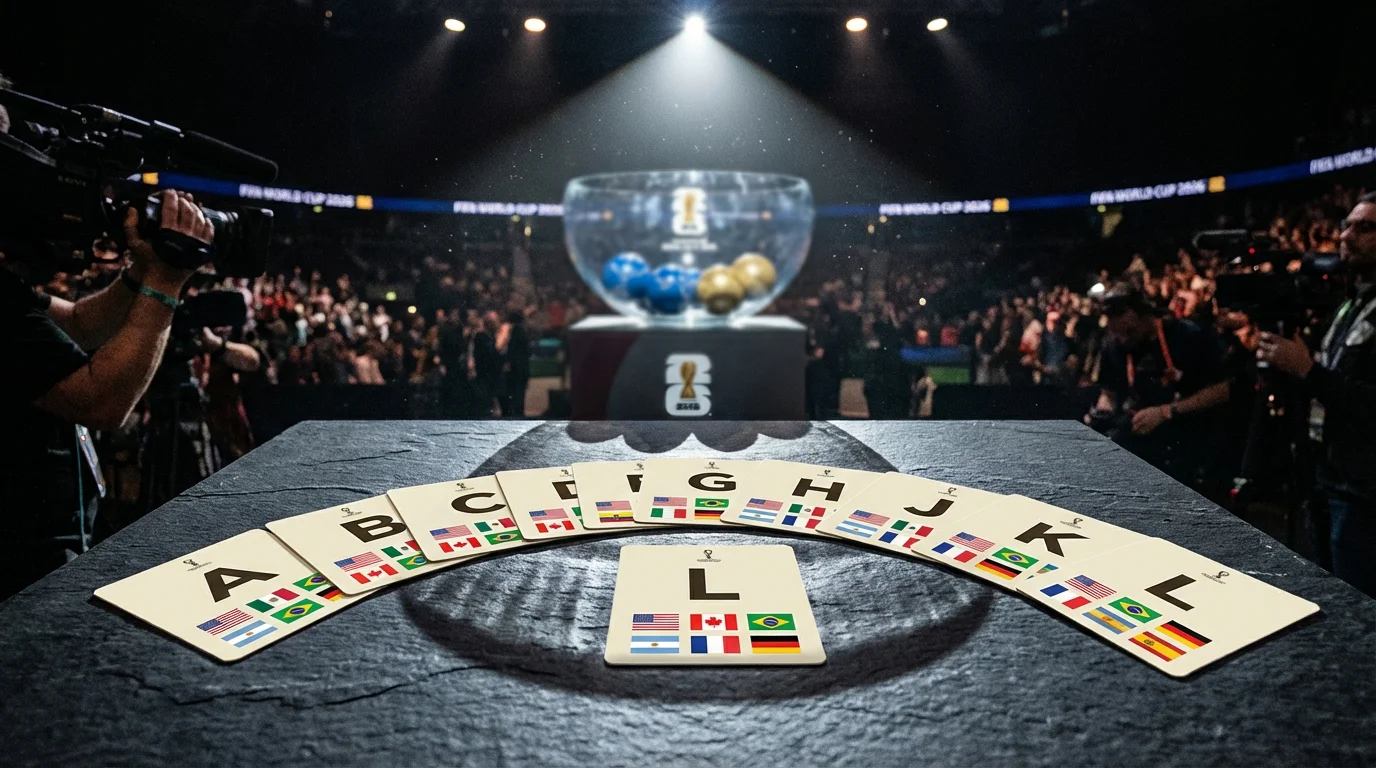 Composicion grafica de los doce grupos del Mundial 2026 con banderas de las selecciones sobre fondo oscuro de estadio