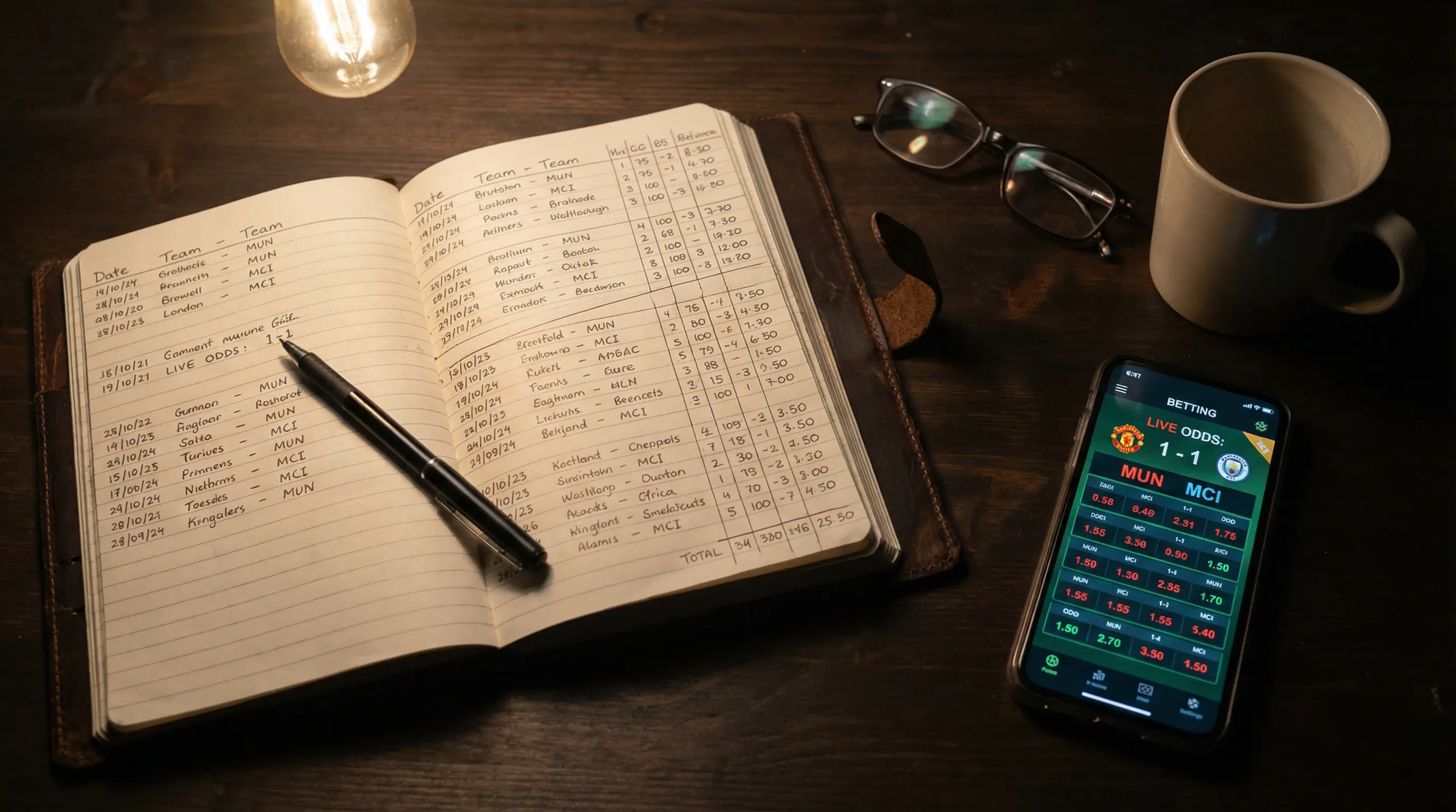 Cuaderno abierto con anotaciones de apuestas deportivas junto a un movil mostrando cuotas en vivo
