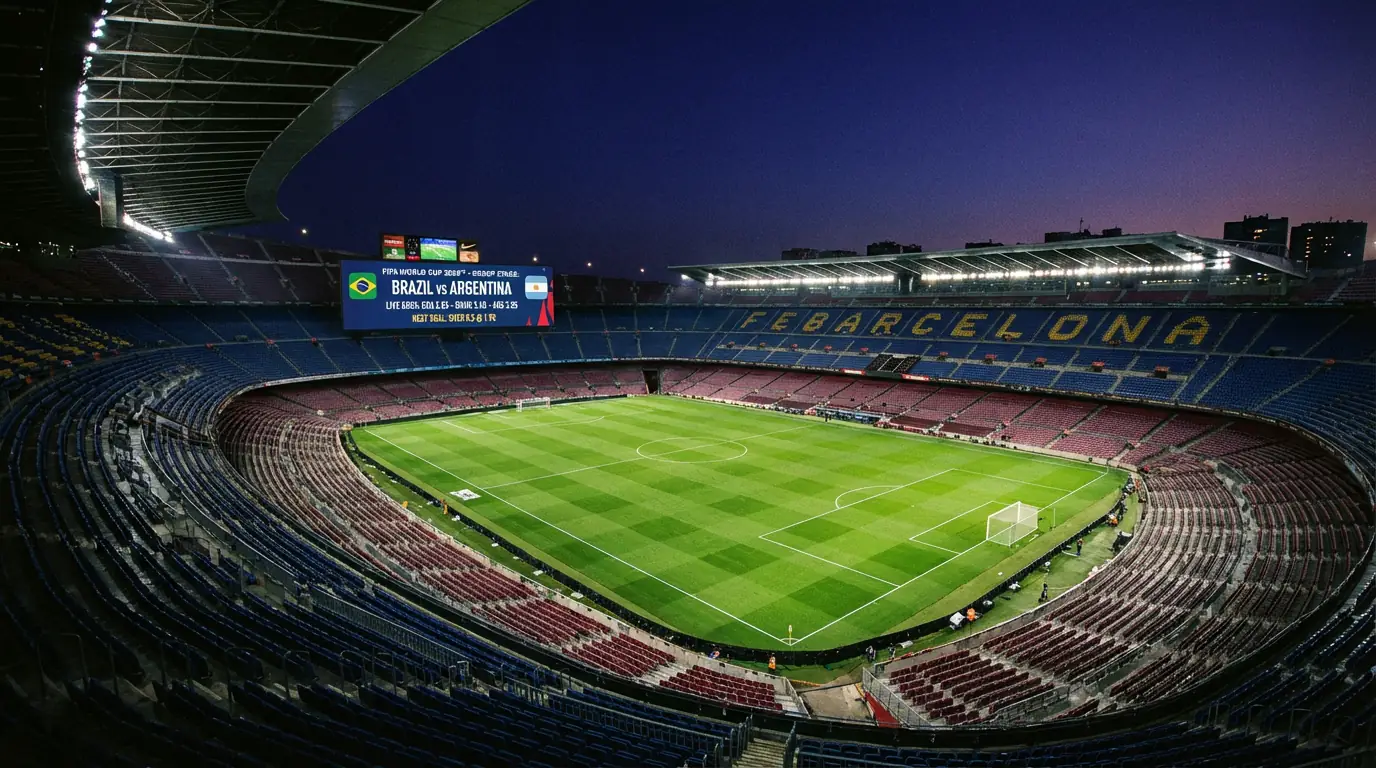 Pantalla de estadio con cuotas de apuestas proyectadas durante un partido nocturno del Mundial 2026