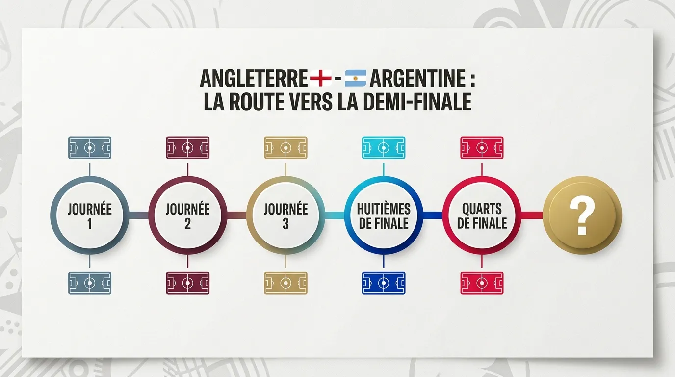 Línea de tiempo ilustrada de los grandes cruces Inglaterra-Argentina en Mundiales, con hitos marcados en 1966, 1986, 1998, 2002 y un signo de interrogación en 2026, estilo editorial minimalista