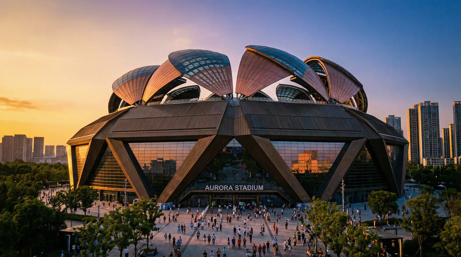 Vista exterior del Mercedes-Benz Stadium de Atlanta con su techo retractil abierto al atardecer