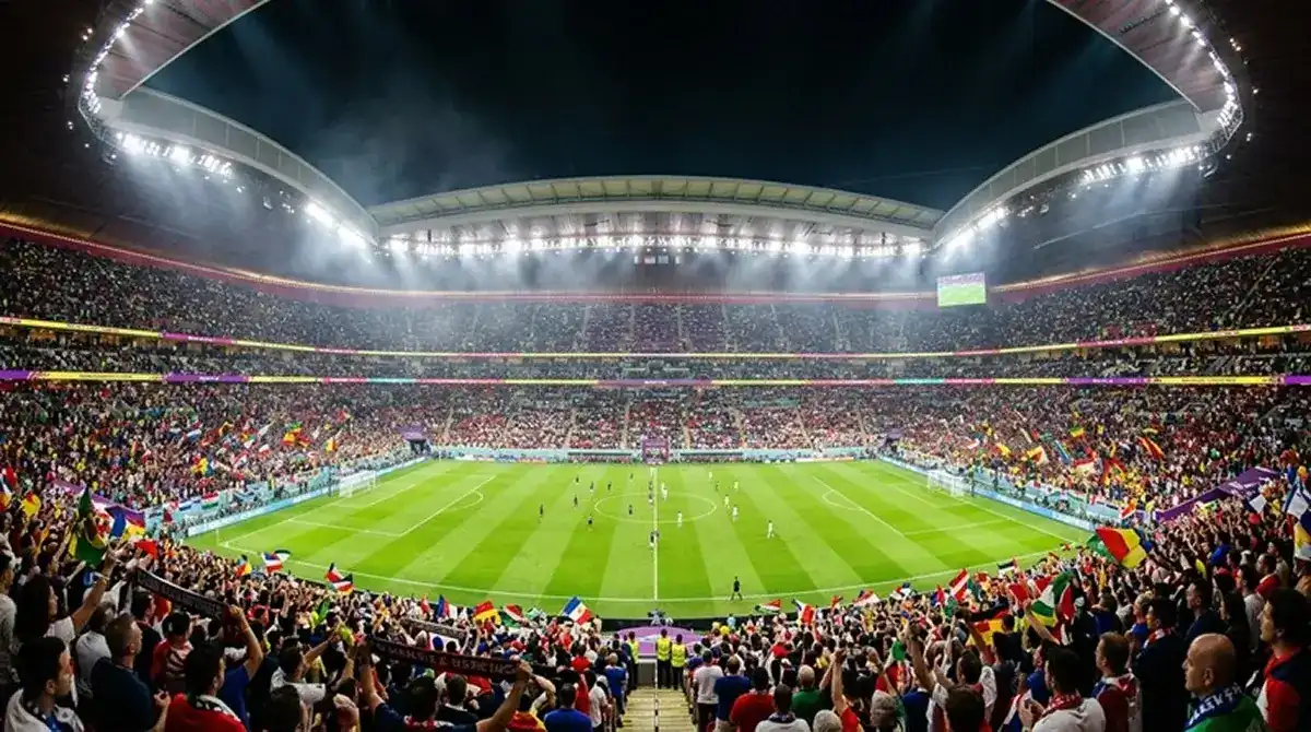 Estadio del Mundial 2026 iluminado durante un partido de la fase de grupos con la grada llena de aficionados