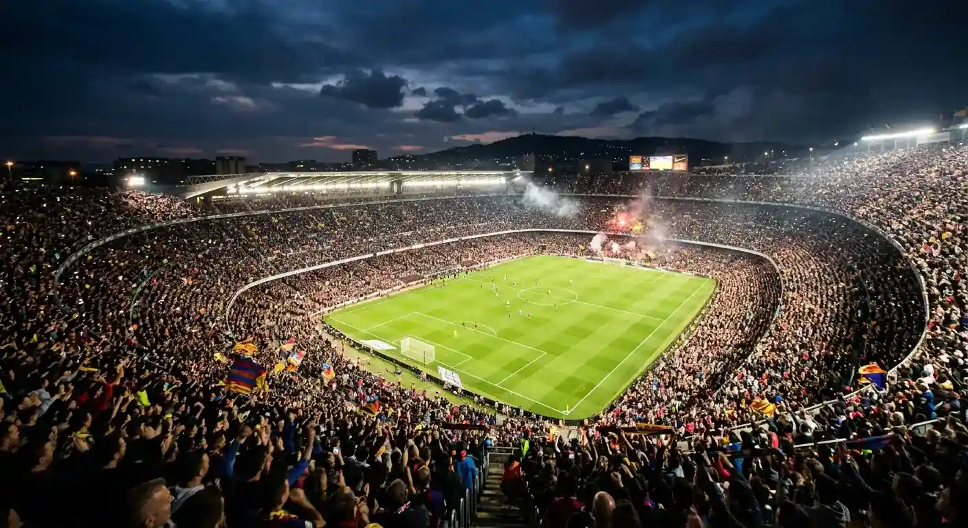 Estadio de fútbol lleno de noche con las gradas iluminadas durante el Mundial 2026
