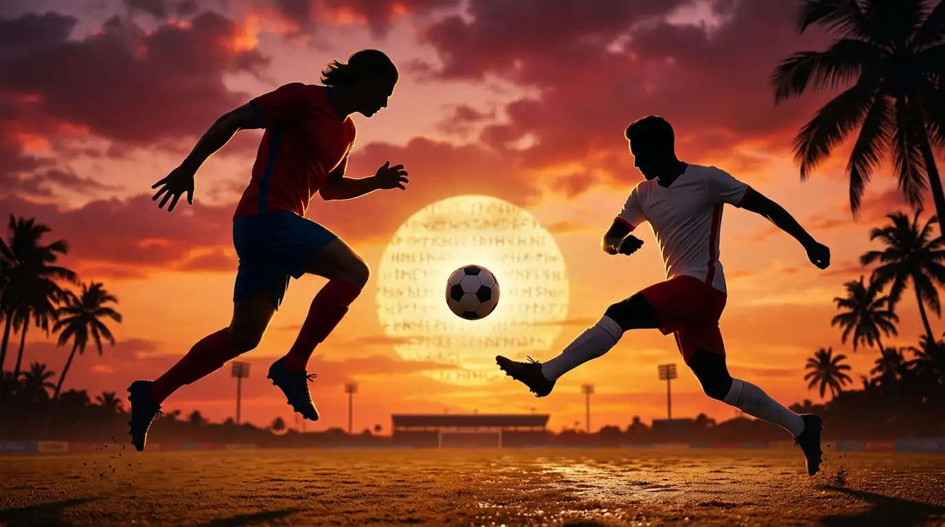 Póster editorial deportivo con dos siluetas de delanteros enfrentadas: una silueta poderosa en tonos rojo-azul (Noruega) en movimiento de cabezazo y una silueta esbelta en tonos blanco-rojo (Inglaterra) en carrera de penalti, con siluetas de palmeras al fondo y un sol de Miami bajando