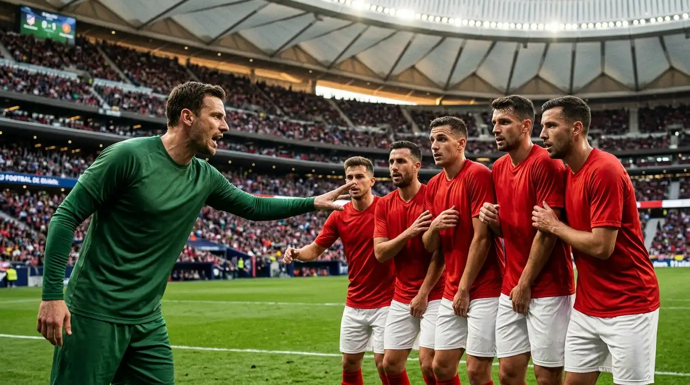 Portero y defensas de una selección organizando la barrera en un estadio del Mundial 2026