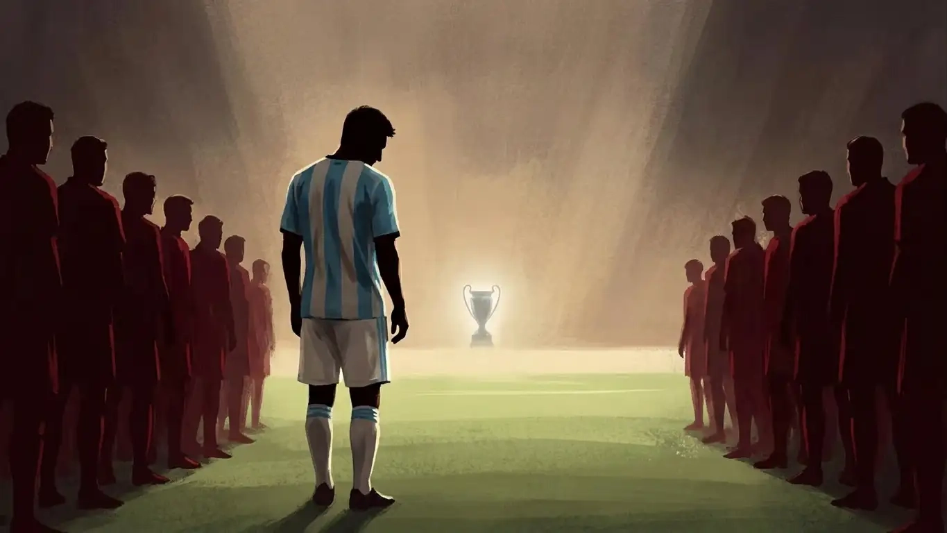 Póster editorial deportivo sin texto: una silueta solitaria de futbolista en celeste y blanco de espaldas, cabizbaja, con un trofeo plateado tenue en el fondo y un pasillo de siluetas rojas insinuado a los lados bajo la luz del estadio