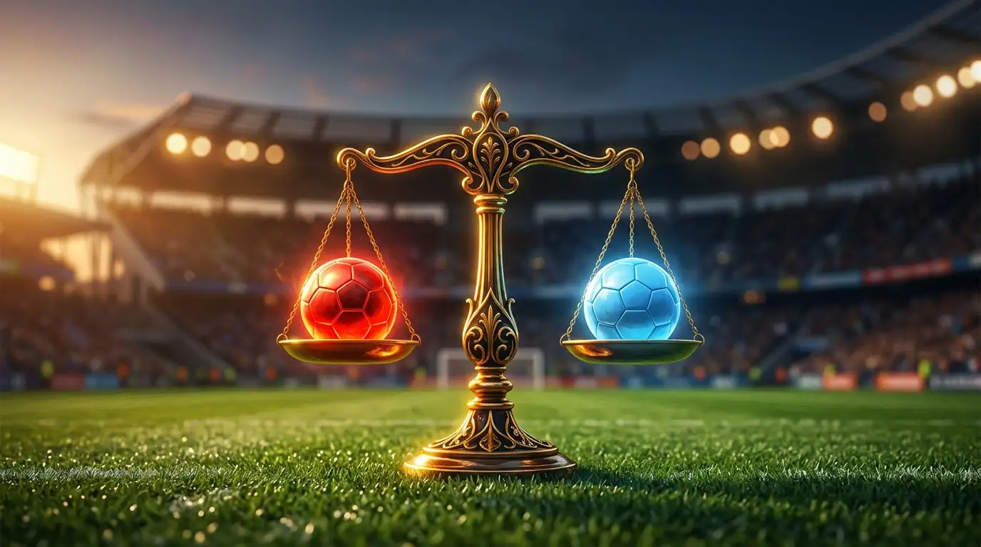 Póster editorial deportivo sin texto: una balanza dorada estilizada con un balón rojo a un lado y otro celeste al otro, en equilibrio sobre el césped de un estadio iluminado al atardecer