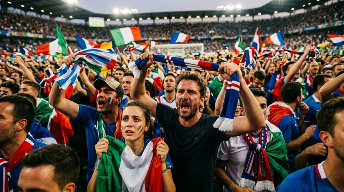 Aficionados con bufandas y banderas animando en la grada de un estadio del Mundial 2026