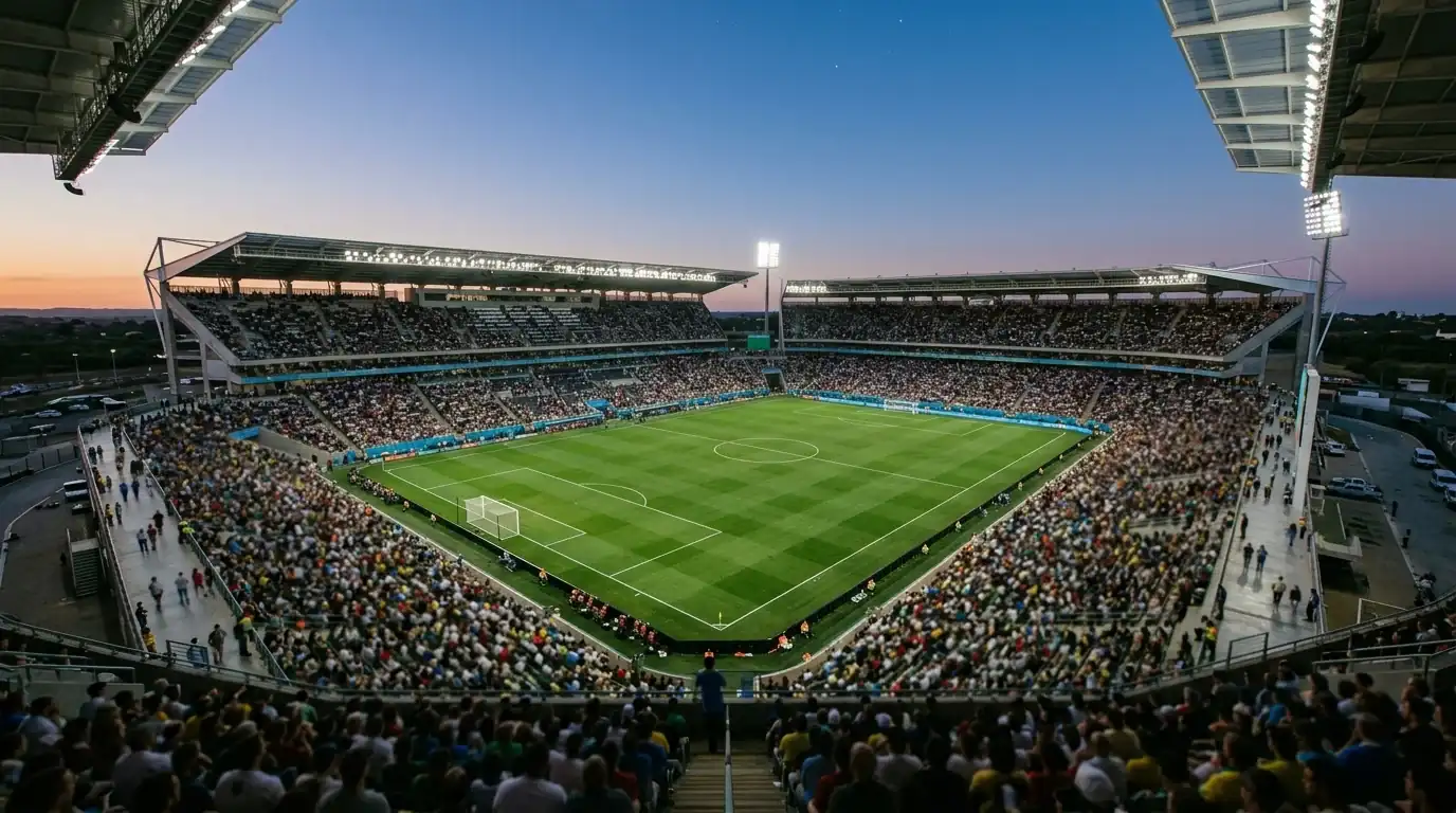 Estadio de fútbol al aire libre iluminado antes de un partido del Mundial 2026