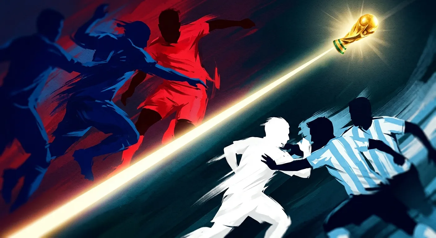 Póster editorial deportivo con dos duelos enfrentados en diagonal —azul contra rojo arriba, blanco contra celeste abajo— separados por una línea de luz que apunta hacia un trofeo dorado