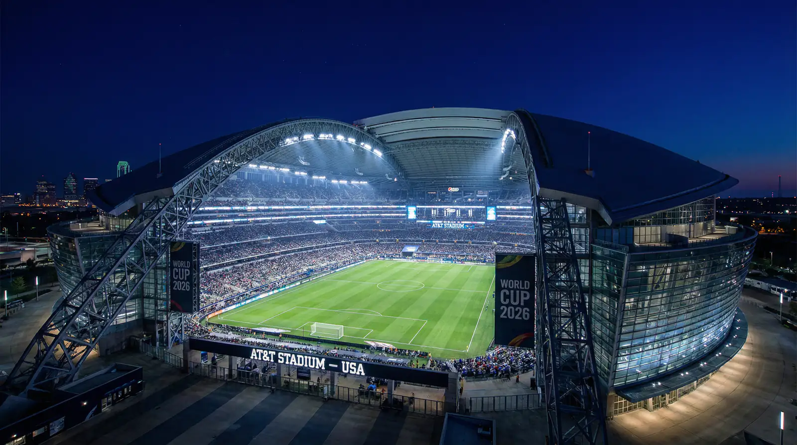Vista panoramica de un estadio norteamericano preparado para el Mundial 2026 bajo cielo nocturno