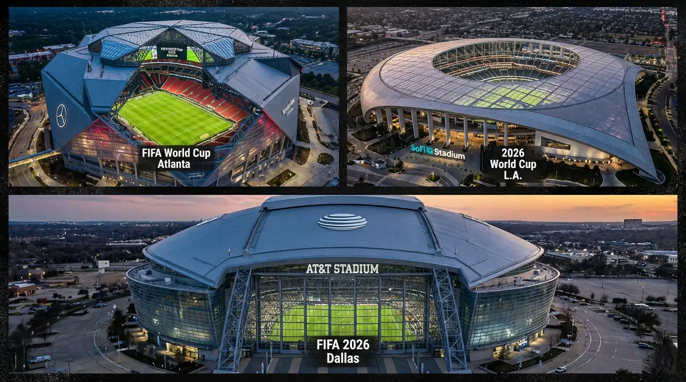 Collage de estadios estadounidenses adaptados para el Mundial 2026 mostrando campos de futbol instalados