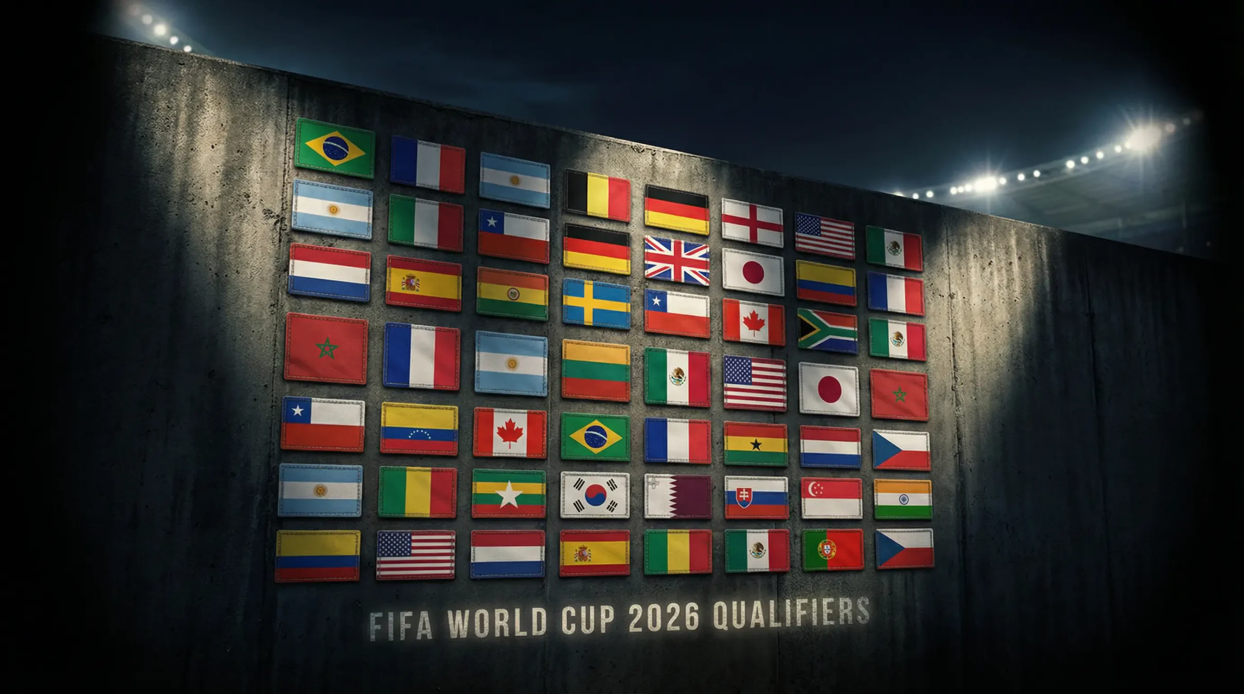 Mosaico de banderas de las 48 selecciones clasificadas para el Mundial 2026 sobre fondo oscuro