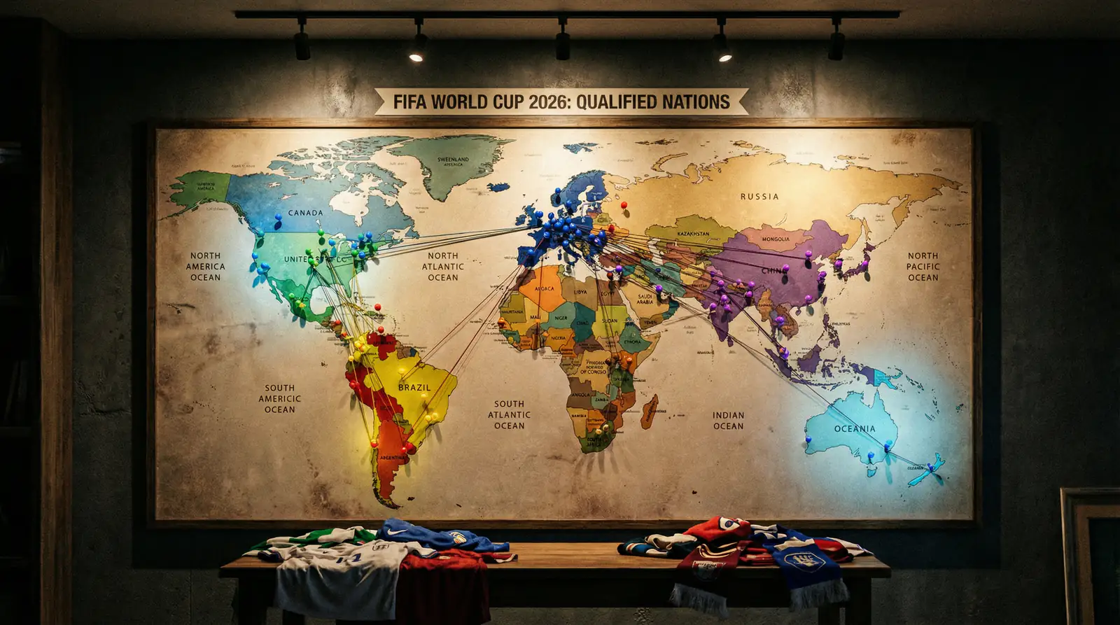Mapa mundial con las 48 selecciones clasificadas para el Mundial 2026 coloreadas por confederacion