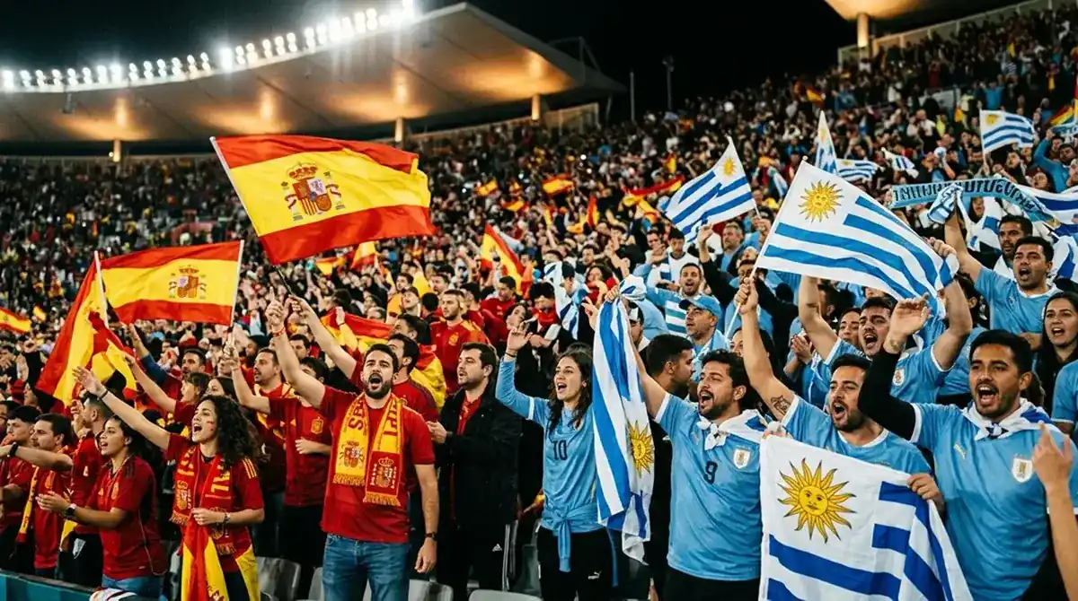 Aficionados de Uruguay y España con sus banderas en la grada de un estadio del Mundial 2026