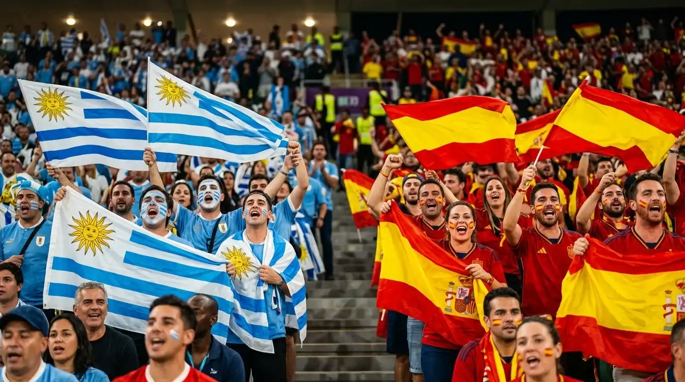 Aficionados de Uruguay y España con sus banderas en la grada de un estadio del Mundial 2026